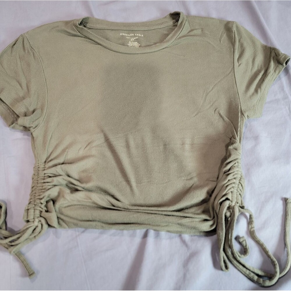 American Eagle Soft & Sexy Ribbed Ruched Top XS Olive Green Short Sleeve